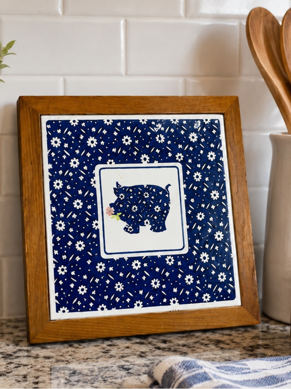Blue Floral Pig Ceramic Tile Trivet Wall Decor Wood Frame Farmhouse Country